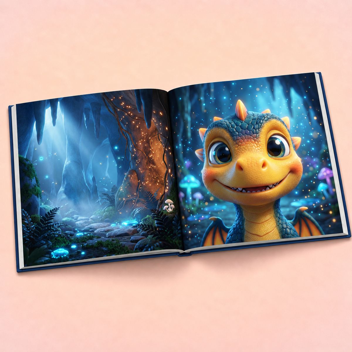 An open hardcover book lying flat on a soft pink background, featuring a colorful fantasy illustration with a smiling blue dragon on the right page and a glowing cave landscape on the left page.