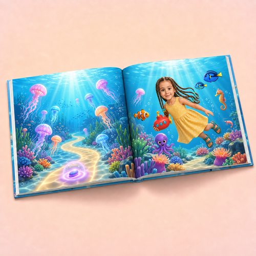 An open children's picture book showing a colorful underwater scene with jellyfish, coral, fish, and a young girl in a yellow dress on the right page, photographed against a soft pink background.