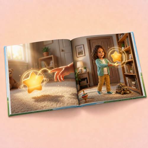 An open children's picture book displayed on a soft pink background. The book features a colorful, whimsical illustration with a glowing yellow star, a child in a room, and a hand reaching toward the star.