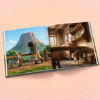 An open illustrated book or photo album lies on a soft peach background. The pages show a colorful children's scene: a child standing by a wooden fence with a goat in front of a mountain, and a cat in a rustic kitchen.