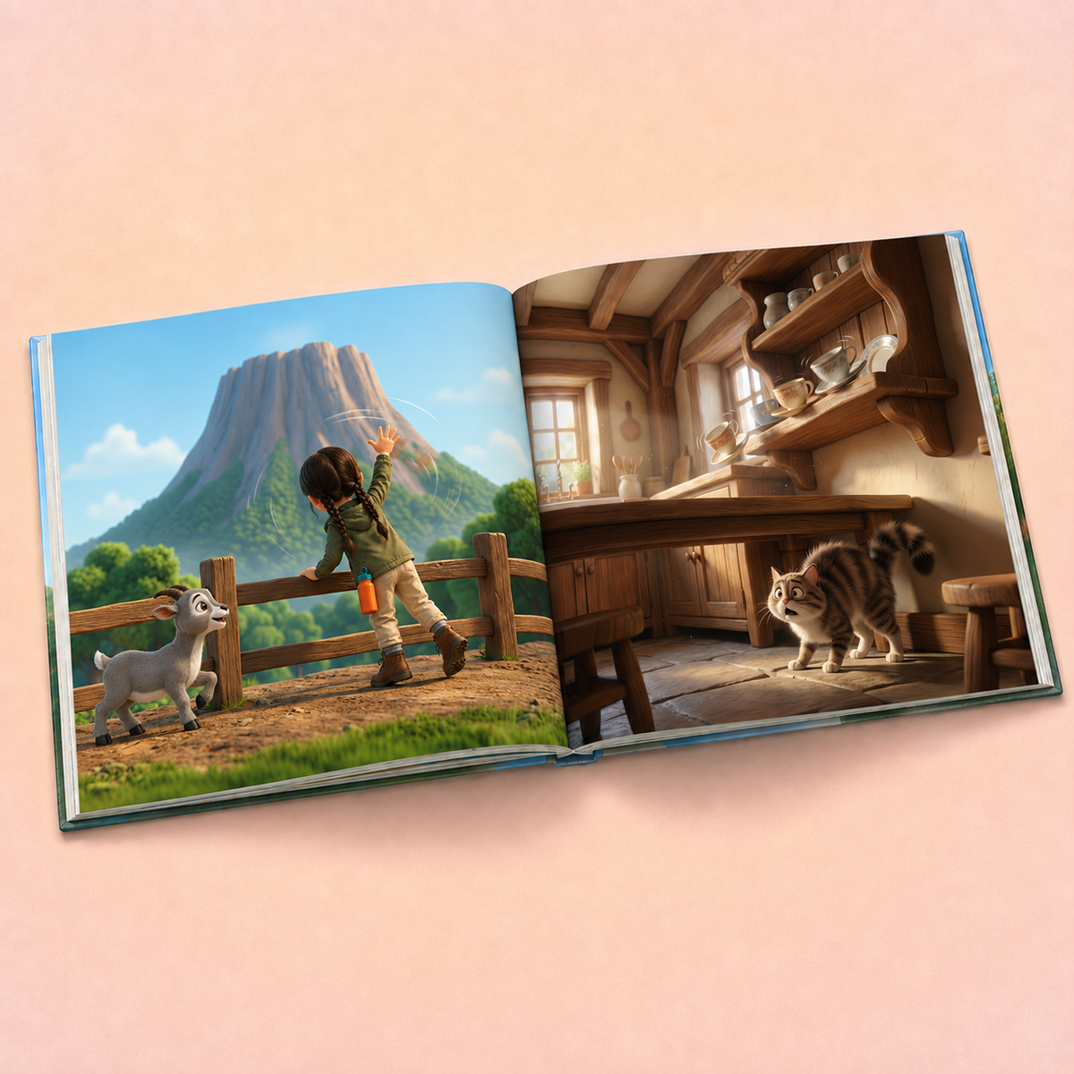 An open illustrated book or photo album lies on a soft peach background. The pages show a colorful children's scene: a child standing by a wooden fence with a goat in front of a mountain, and a cat in a rustic kitchen.