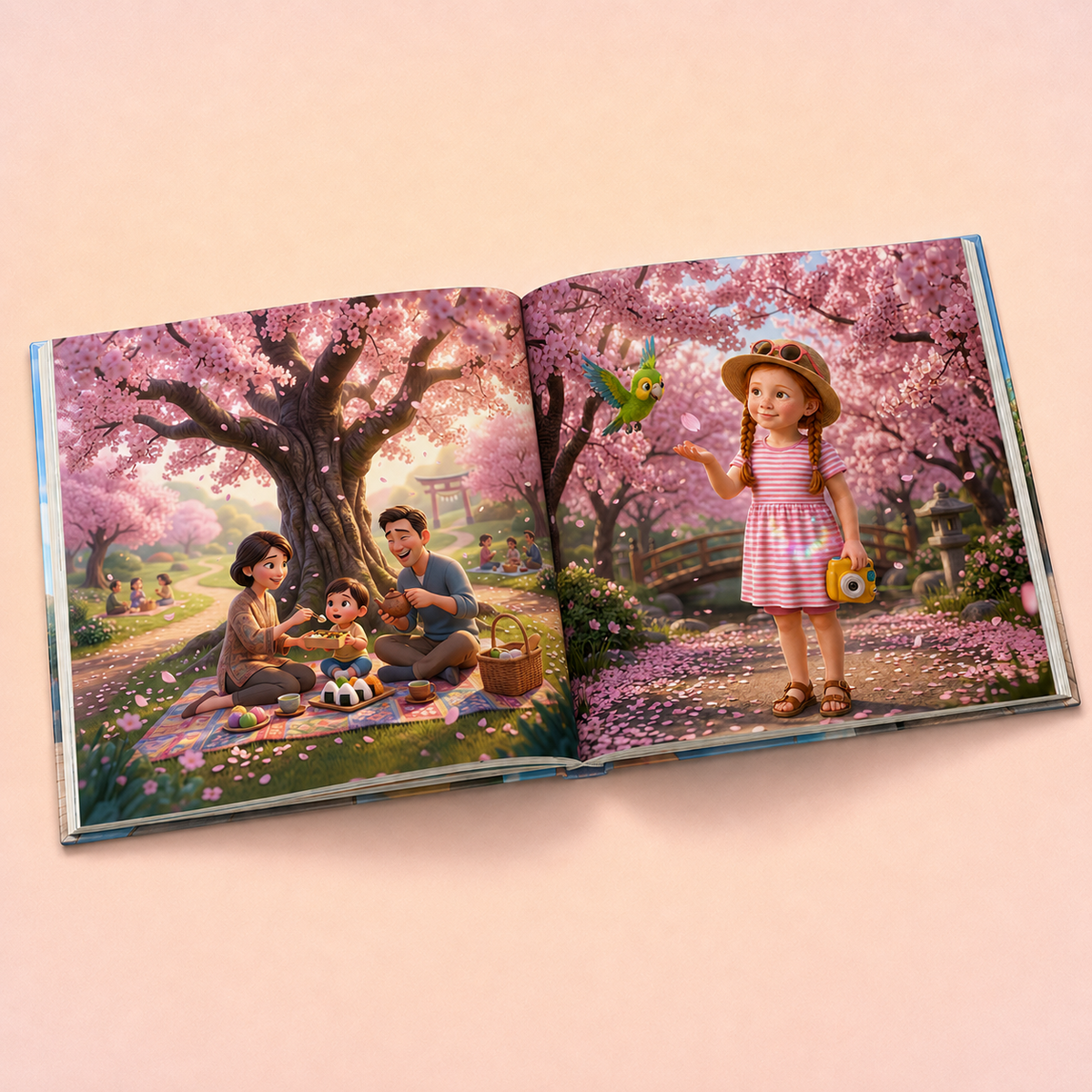 An open illustrated children's book lying on a soft pink surface, showing a colorful family picnic scene under blooming cherry blossom trees with a girl in a pink striped dress standing on the right page.