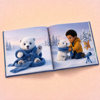 An open children's picture book lying on a soft peach background, showing two illustrated winter scenes. The left page features a white polar bear wrapped in a blue knit scarf, and the right page shows a child kneeling in the snow to help the polar bear with the scarf, with a small dog nearby and a blue telescope in the foreground.