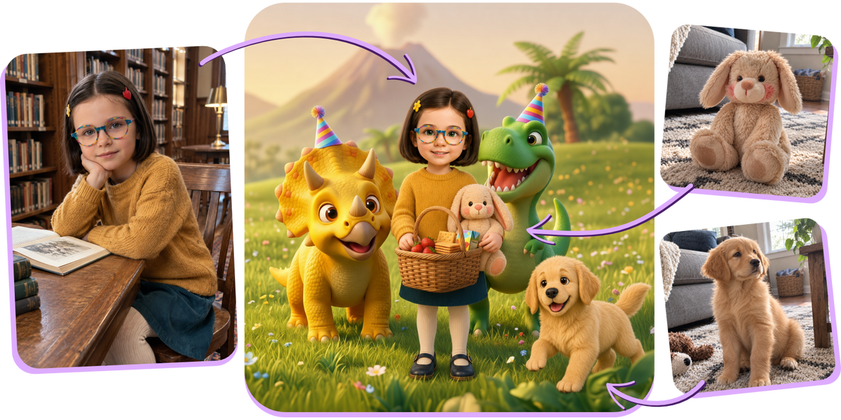 Photos of a child, dog and toy shown beside their personalized story illustration