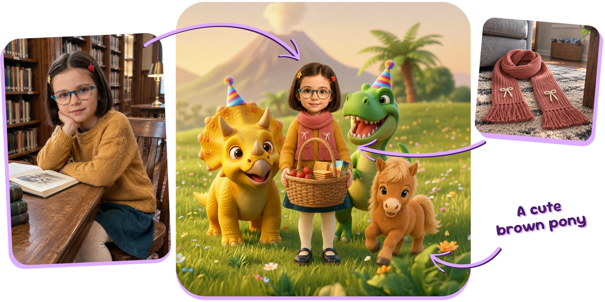 A child’s photo, an animal description and an object photo shown beside their personalized story illustration