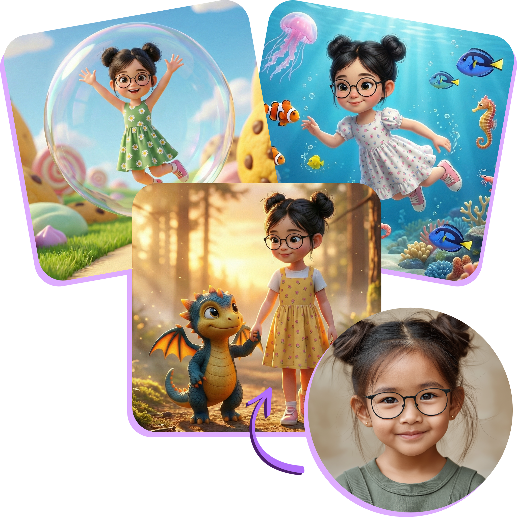 A collage showing how a real child becomes the hero of personalized stories — a dark-haired girl with bun pigtails and glasses appears as a 3D-illustrated character floating in a candy land bubble, swimming in an underwater coral reef, and standing with a baby dragon in a forest, with the real child's photo shown below with an arrow.